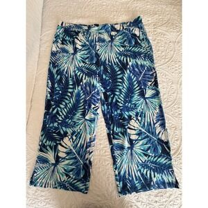 Denim & Co Beach Tropical Palm Print Wide Leg Crop Pants Blue White 2XP A487614